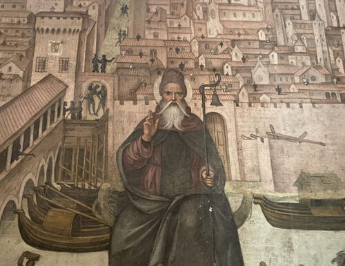 Chiesa di San Teodoro, l'affresco di Bernardino Lanzani ritrae a volo d'uccello Pavia con le sue tante torri